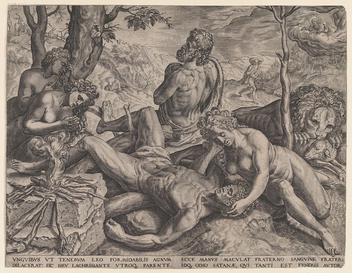 Adam and Eve Lamenting the Death of Abel, Cornelis Cort (Netherlandish, Hoorn ca. 1533–1578 Rome), Engraving; second state 