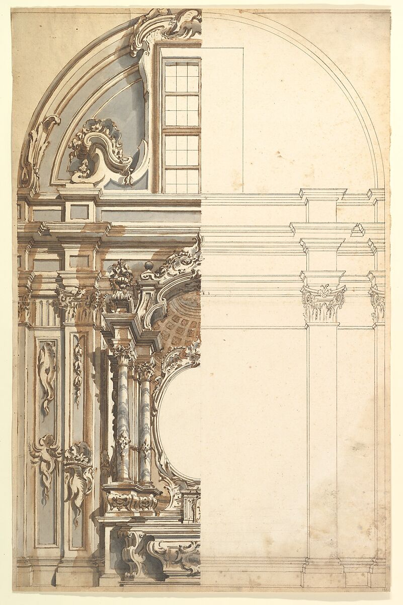 Two Alternate Designs for a Chapel, Anonymous, Italian, Piedmontese, 18th century, Pen and brown ink, brush with gray and brown wash, over leadpoint or graphite, with ruled and compass construction 