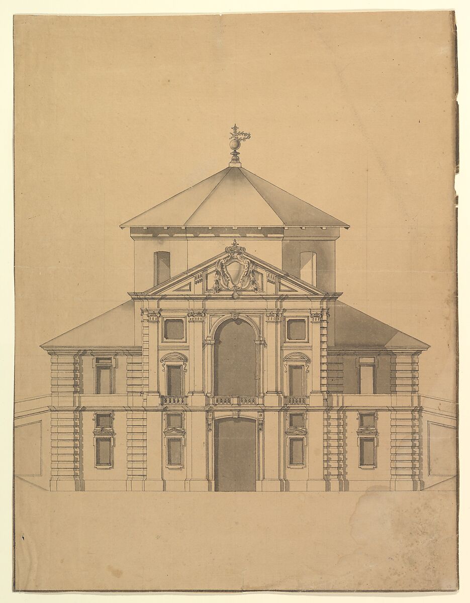 Elevation for a Building with an Octogonal Cupola and two stoy Pendimenting Facades, Anonymous, Italian, Piedmontese, 18th century, Pen and gray ink, brush and gray wash, over leadpoint or graphite, with ruled and compass construction; framing outlines in pen and dark gray ink on a light brown paper 