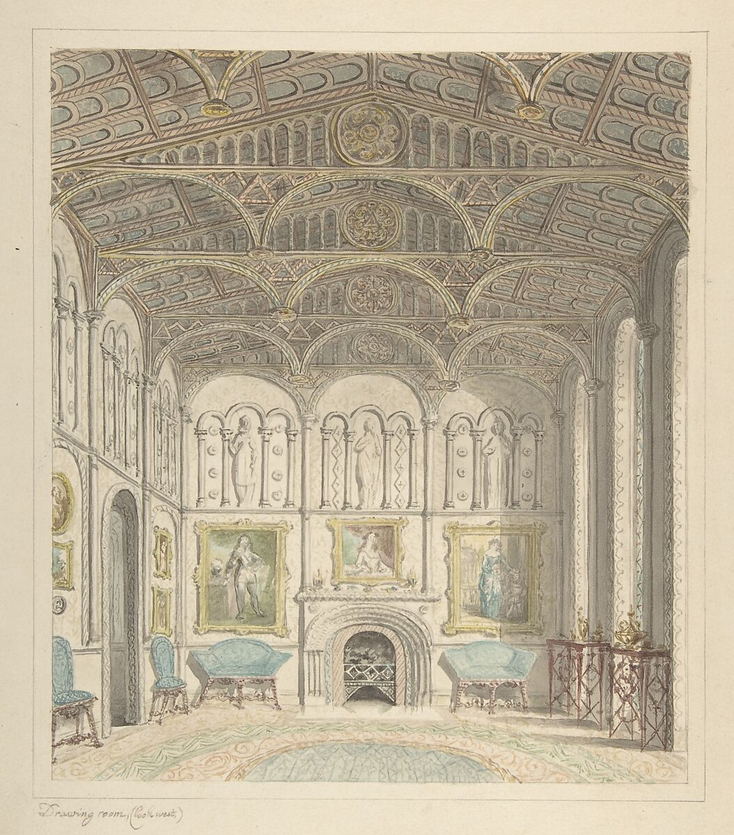Drawing Room of Lea Castle, Looking West, Attributed to John Carter (British, London 1748–1817 London), Watercolor, brush and brown ink, over graphite 