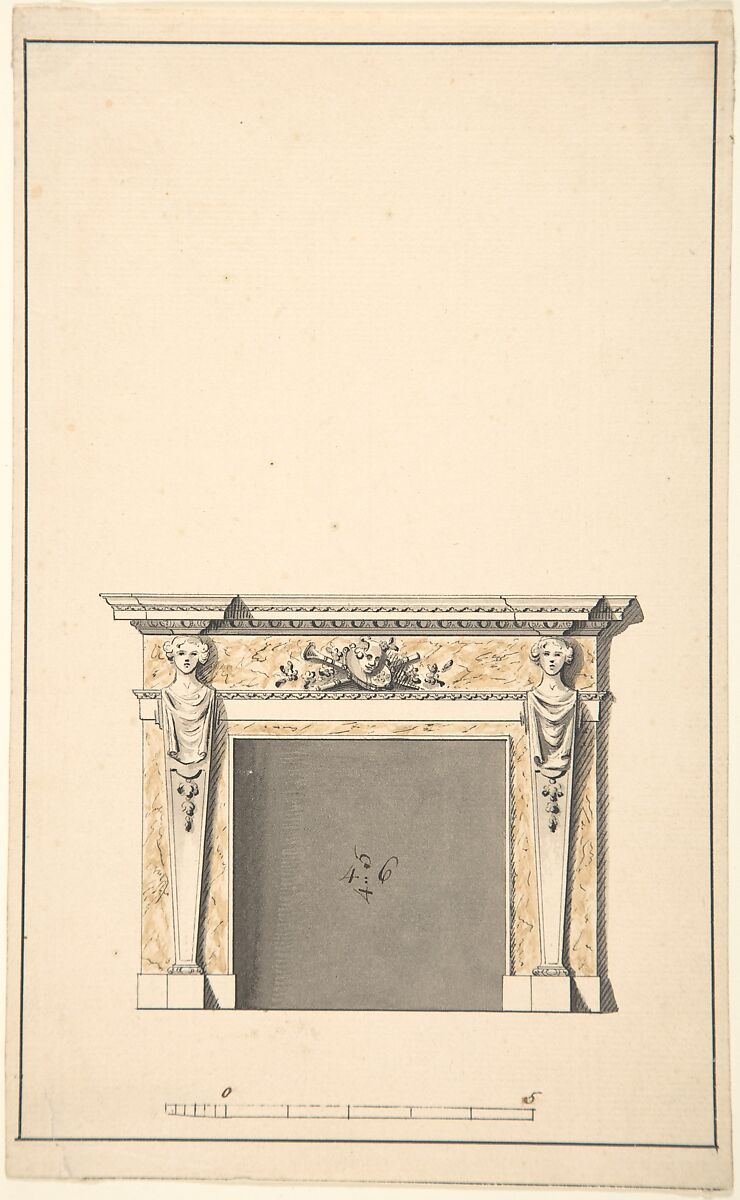 Design for a Fireplace, Sir Henry Cheere (British, London 1703–1781 London), Pen and brown ink, brush and brown wash 