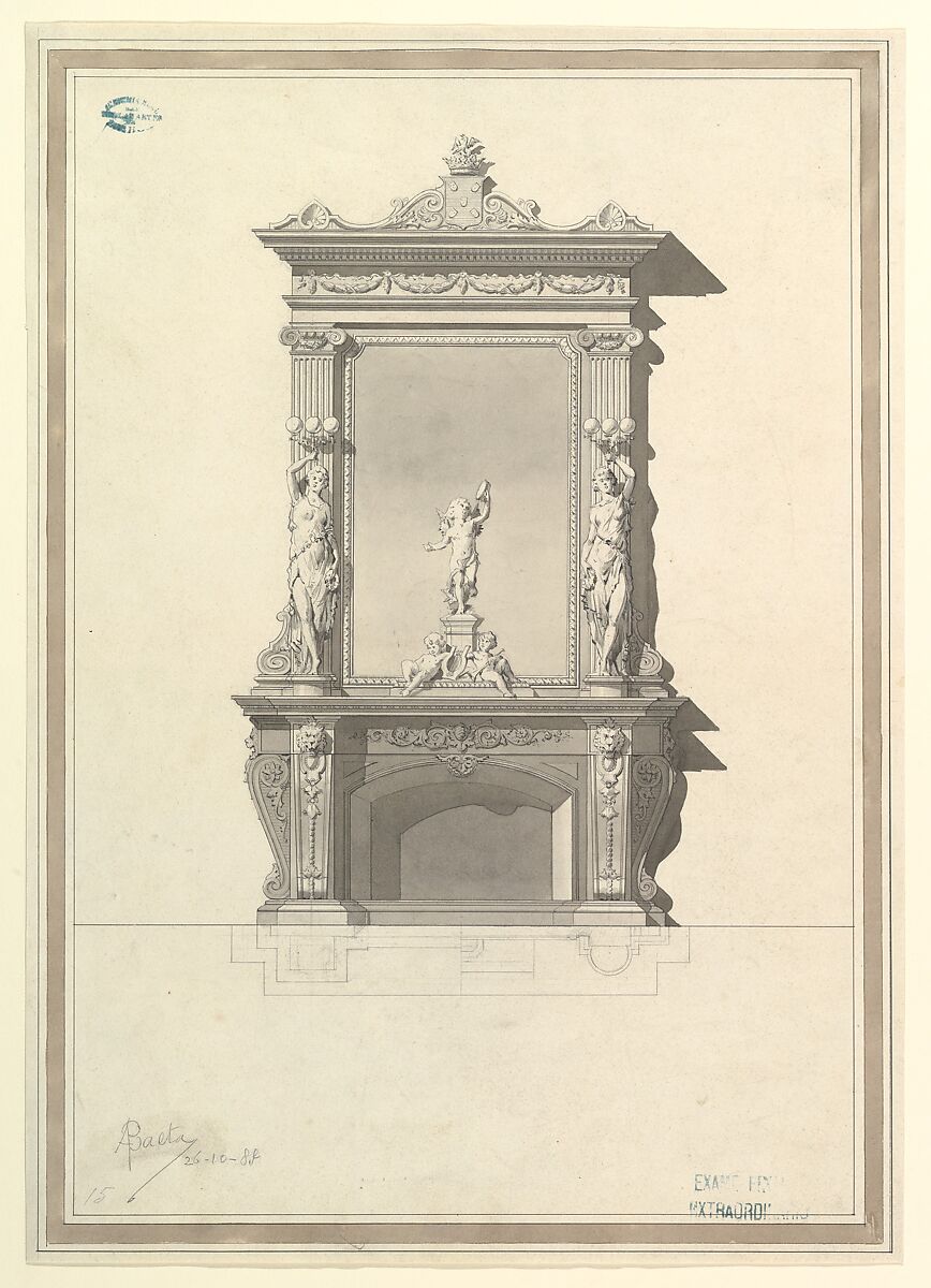 Design for Mantlepiece, Antonio Francisco Baeta (Portuguese, active 1886–1900) (ca. 1886/1900), Pen with black and gray ink, brush and gray wash, over leadpoint or graphite 