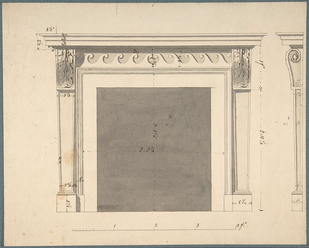 Design for a Chimneypiece, After Sir William Chambers (British (born Sweden), Göteborg 1723–1796 London), Pen and brown ink, brush and gray wash 