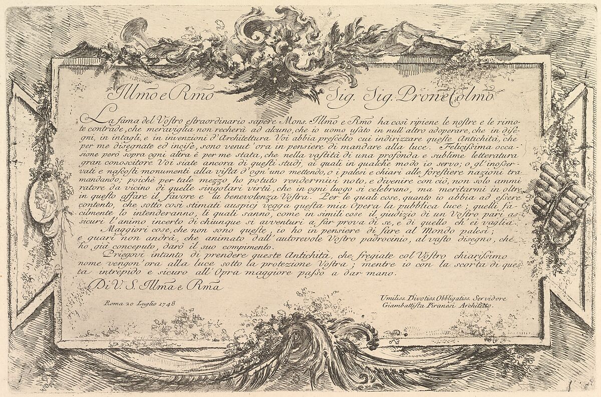 Dedication to Giovanni Bottari (Dédicace à Bottari), from "Antichità Romane de' Tempi della Repubblica, e de' primi Imperatori", Giovanni Battista Piranesi (Italian, Mogliano Veneto 1720–1778 Rome), Etching 