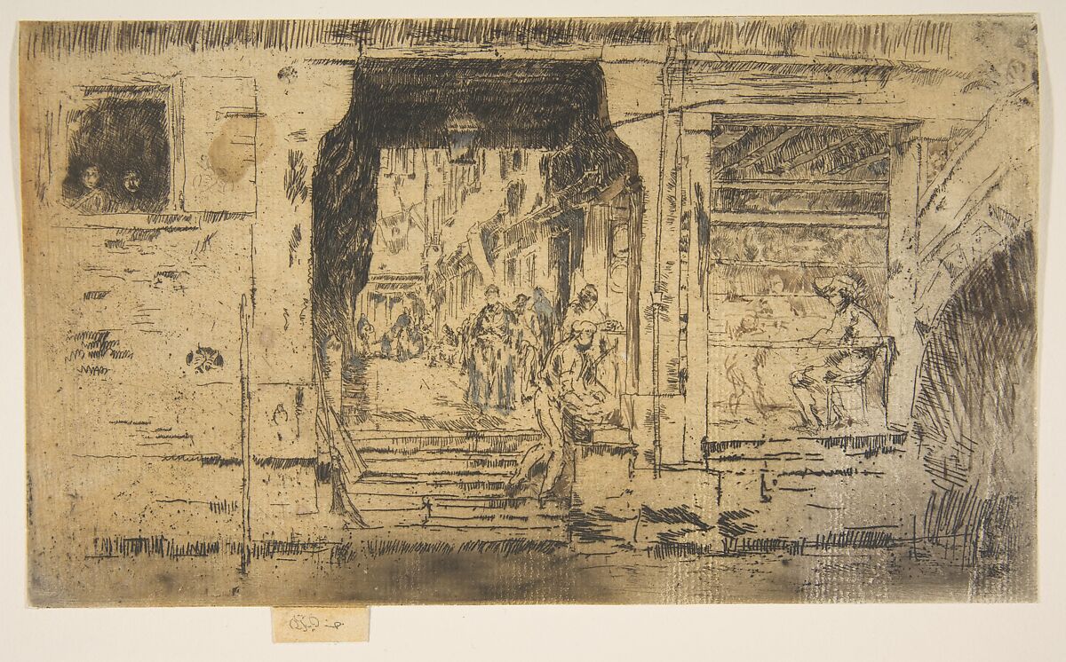 Fish Shop, Venice, James McNeill Whistler (American, Lowell, Massachusetts 1834–1903 London), Etching and drypoint; fifth state of nine ( Glasgow)  with extensive pencil alterations on shop, street, arch and figures (brown wash in the window, blue/gray on figures in street), and pen at top and right; printed in dark brown ink on medium weight buff laid paper 