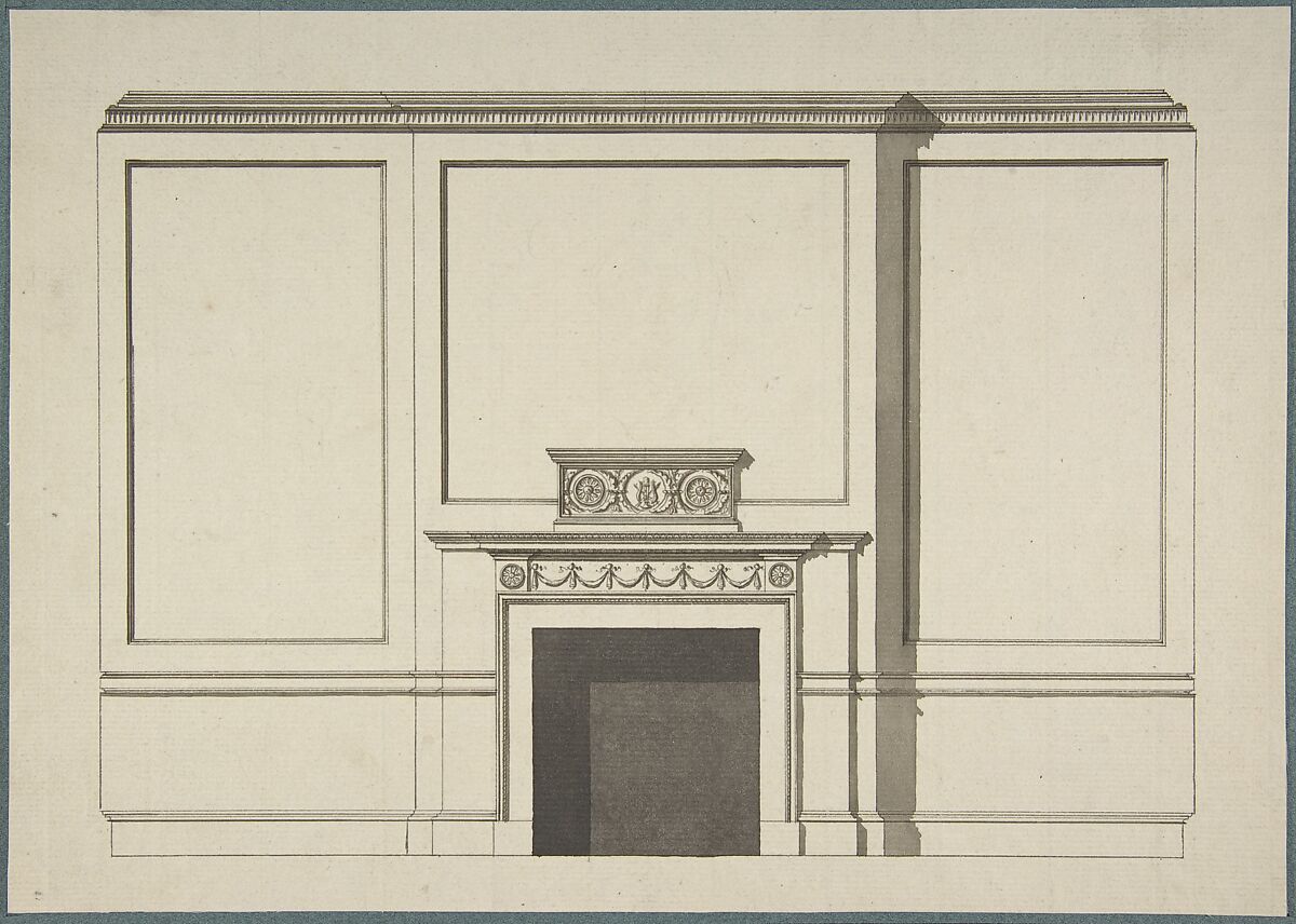 Design for a Chimneypiece in the Garden Hall, Manresa House, Roehampton, Surrey, After Sir William Chambers (British (born Sweden), Göteborg 1723–1796 London), Pen and brown ink, brush and gray wash 