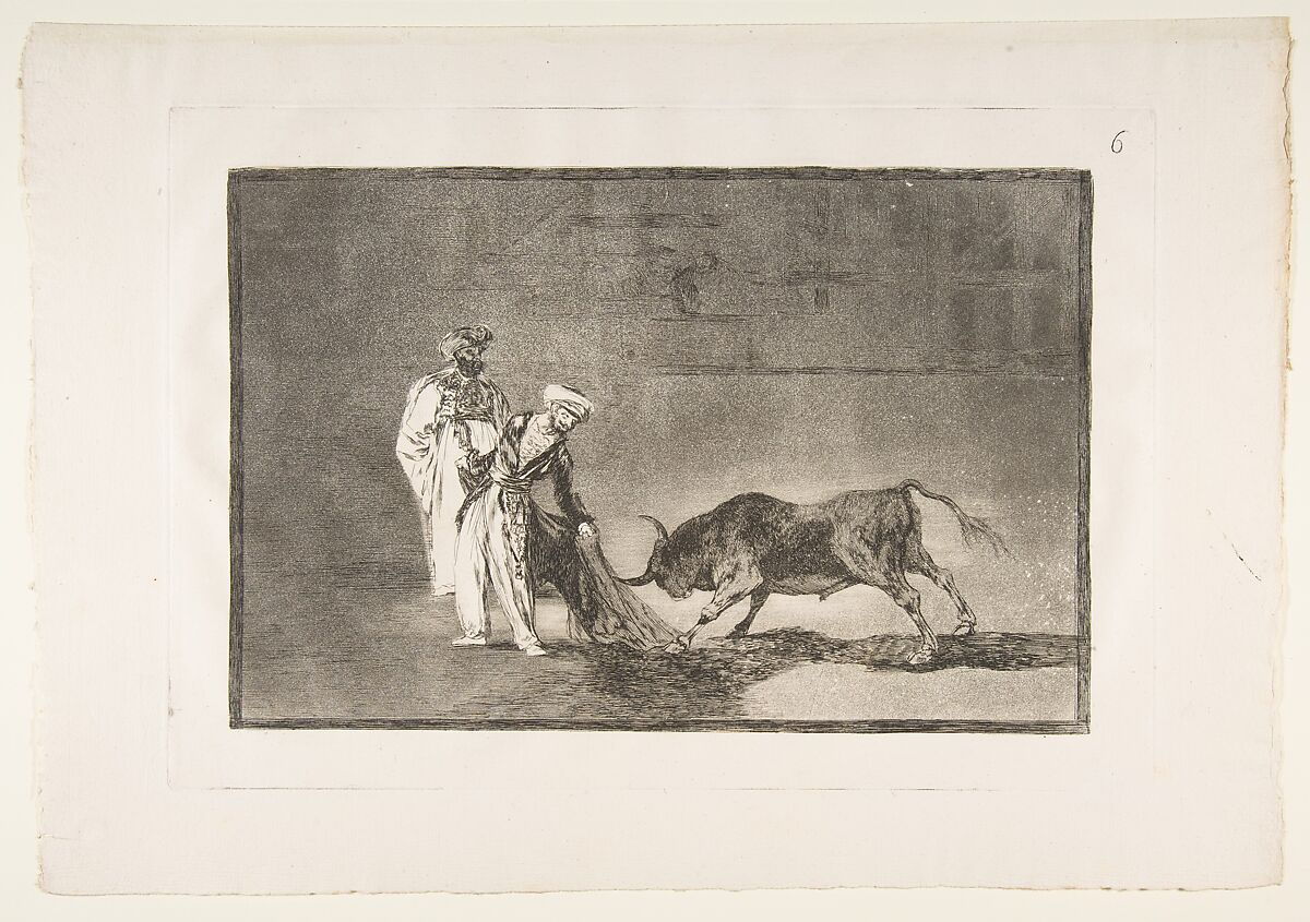 Plate 6 from "La Tauromaquia": The Moors make a different play in the ring calling the bull with their burnous, Goya (Francisco de Goya y Lucientes) (Spanish, Fuendetodos 1746–1828 Bordeaux), Etching, burnished aquatint, drypoint 