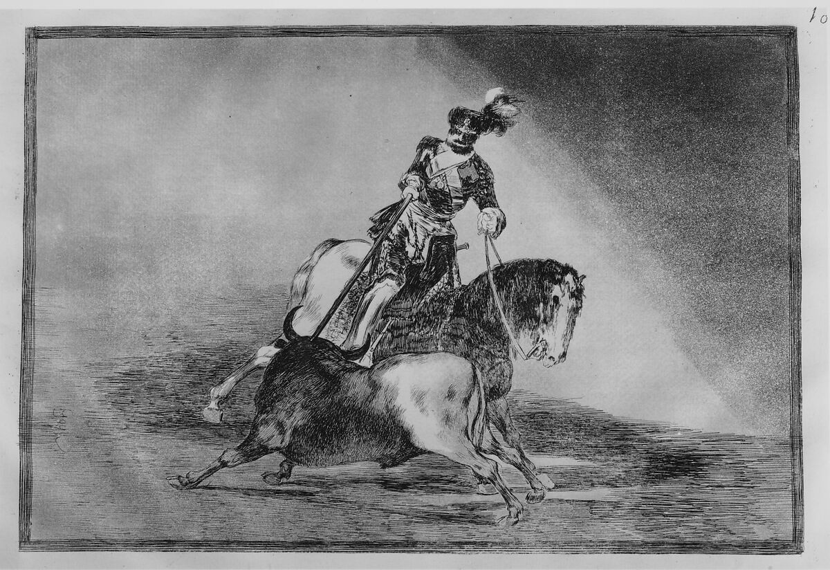 Plate 10 from "La Tauromaquia": Charles V spearing a bull in the ring at Valladolid, Goya (Francisco de Goya y Lucientes) (Spanish, Fuendetodos 1746–1828 Bordeaux), Etching, burnished aquatint, drypoint, burin