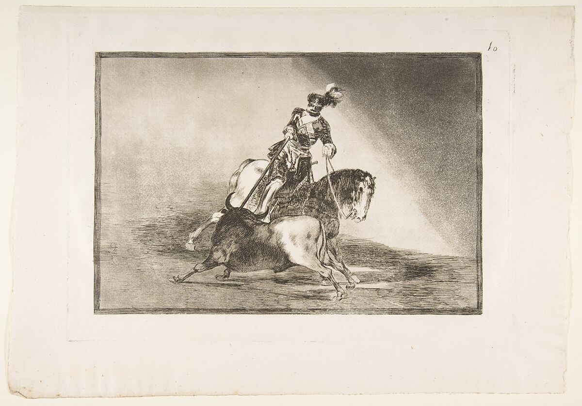 Plate 10 from "La Tauromaquia": Charles V spearing a bull in the ring at Valladolid, Goya (Francisco de Goya y Lucientes) (Spanish, Fuendetodos 1746–1828 Bordeaux), Etching, burnished aquatint, drypoint, burin 