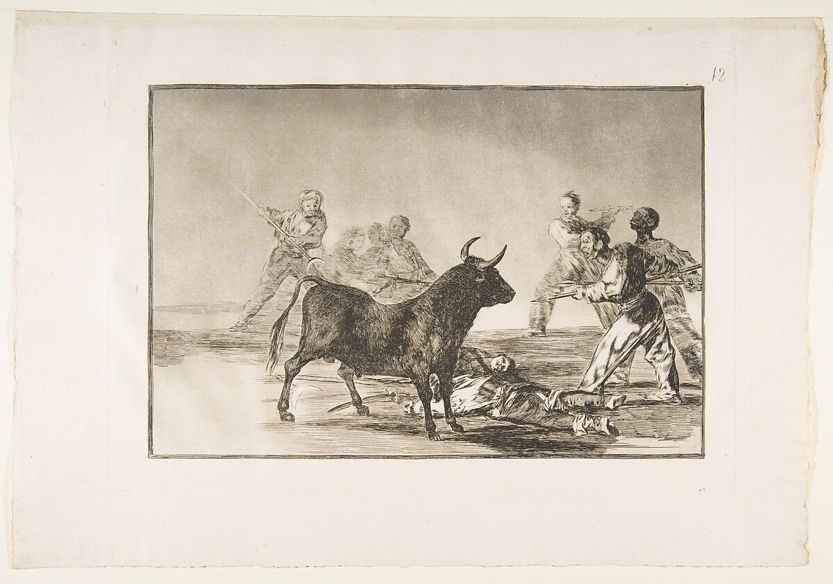 Plate 12 from "La Tauromaquia": The crowd hamstrings the bull with lances, sickles, banderillas and other arms, Goya (Francisco de Goya y Lucientes) (Spanish, Fuendetodos 1746–1828 Bordeaux), Etching, aquatint, drypoint 
