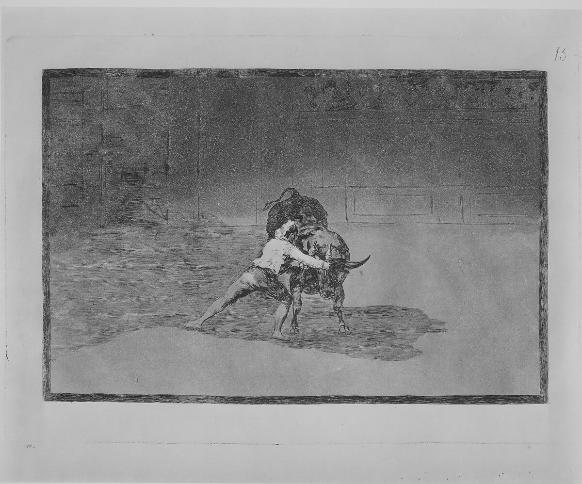 Plate 15 from "La Tauromaquia": The famous Martincho places the banderillas playing the bull with the movement of his body, Goya (Francisco de Goya y Lucientes) (Spanish, Fuendetodos 1746–1828 Bordeaux), Etching, burnished aquatint, drypoint, burin