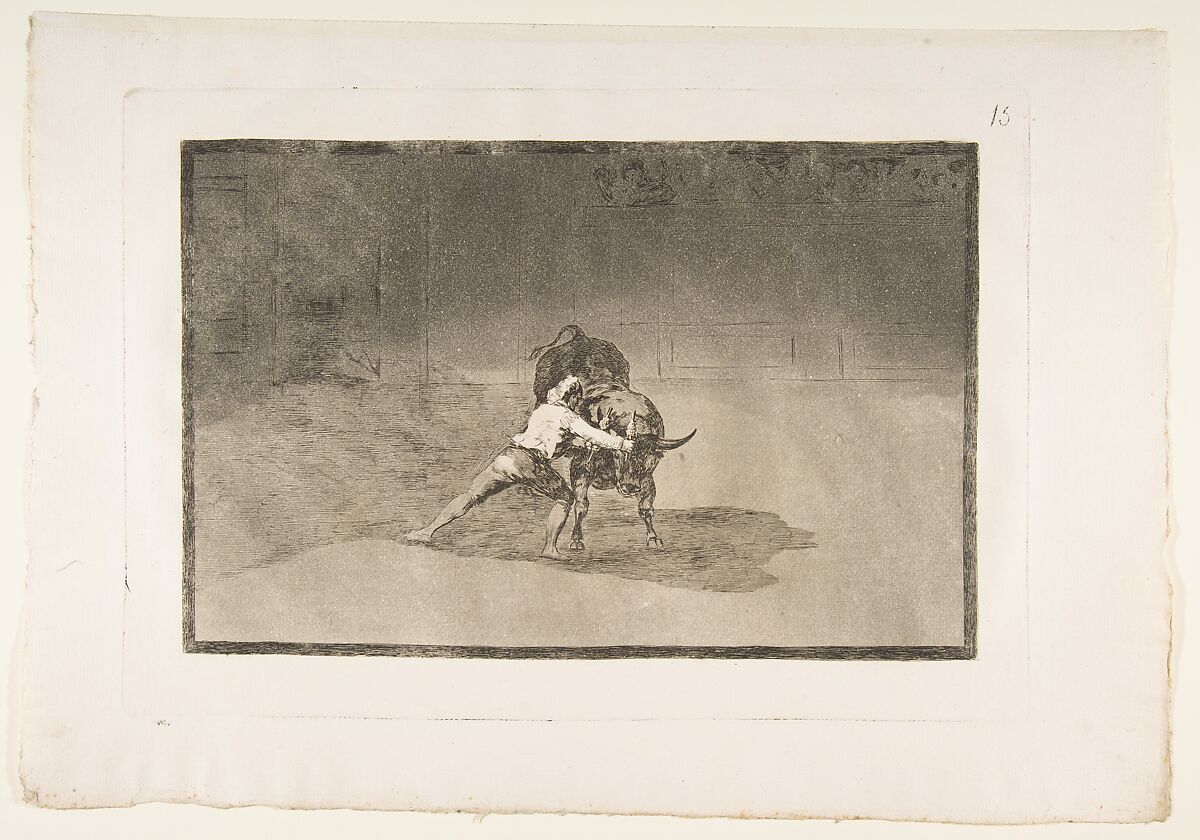 Plate 15 from "La Tauromaquia": The famous Martincho places the banderillas playing the bull with the movement of his body, Goya (Francisco de Goya y Lucientes) (Spanish, Fuendetodos 1746–1828 Bordeaux), Etching, burnished aquatint, drypoint, burin 