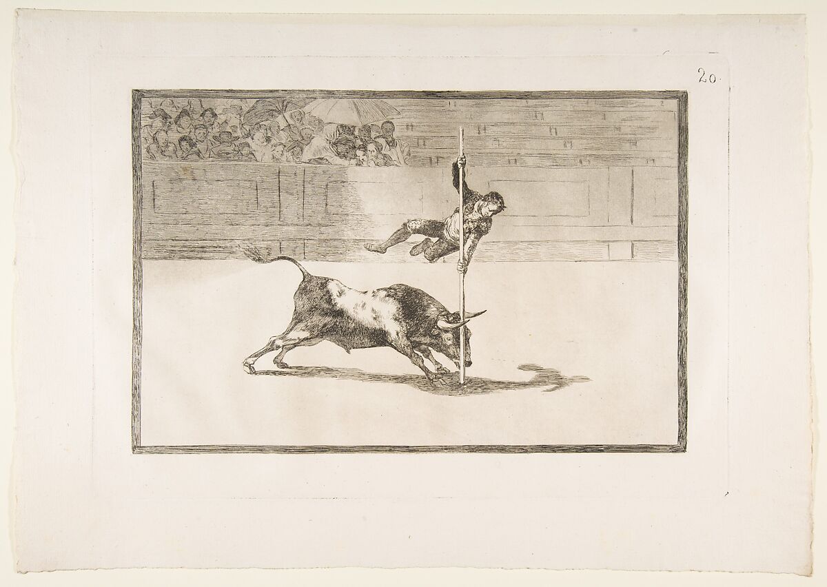 Plate 20 from "La Tauromaquia": The agility and audacity of Juanito Apiñani in [the ring] at Madrid, Goya (Francisco de Goya y Lucientes) (Spanish, Fuendetodos 1746–1828 Bordeaux), Etching, aquatint 