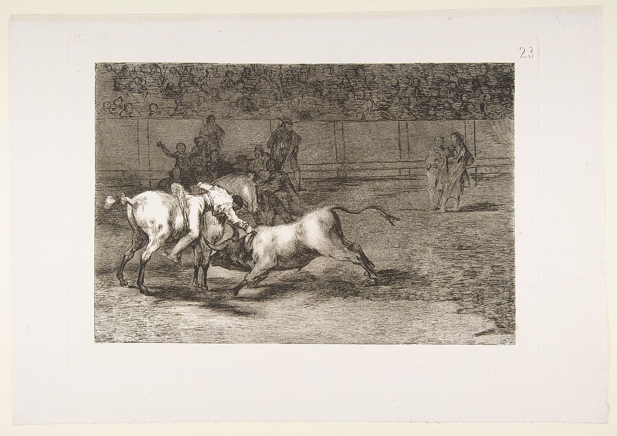 Plate 23 from "La Tauromaquia": Mariano Ceballos, alias the Indian, kills the bull from his horse, Goya (Francisco de Goya y Lucientes) (Spanish, Fuendetodos 1746–1828 Bordeaux), Etching, burnished aquatint 