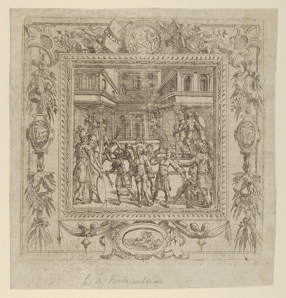 Flagellation of Christ in an ornate Frame, Anonymous, French, School of Fontainebleau, 16th century, Etching 