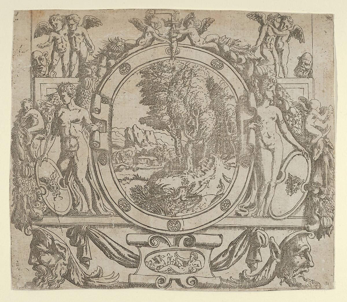 Oval landscape in an ornate frame, Etched by Anonymous, French, School of Fontainebleau, 16th century, Etching 