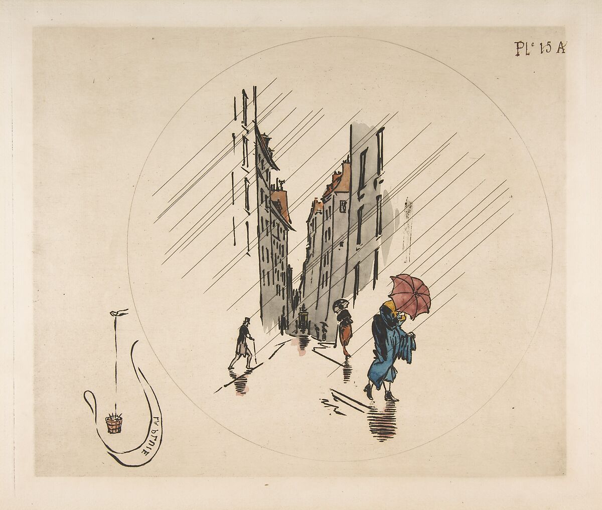 Decoration for a Plate: Rain, Félix Bracquemond (French, Paris 1833–1914 Sèvres), Etching with watercolor 