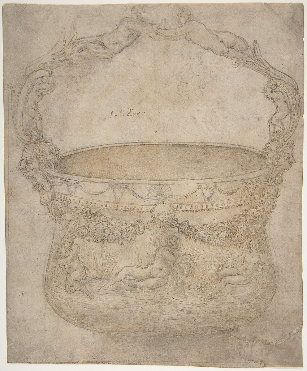 Design for a Bucket-Like Vessel with a Handle of Interlaced Figures, on a Body Adorned with Bucrania, Garlands, and Three River Gods, Girolamo Genga (Italian, Urbino (?) 1467–1551 near Urbino), Pen and brown ink, brush and brown wash, over black chalk; traces of framing outlines in pen and brown ink at left and bottom 