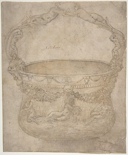 Design for a Bucket-Like Vessel with a Handle of Interlaced Figures, on a Body Adorned with Bucrania, Garlands, and Three River Gods