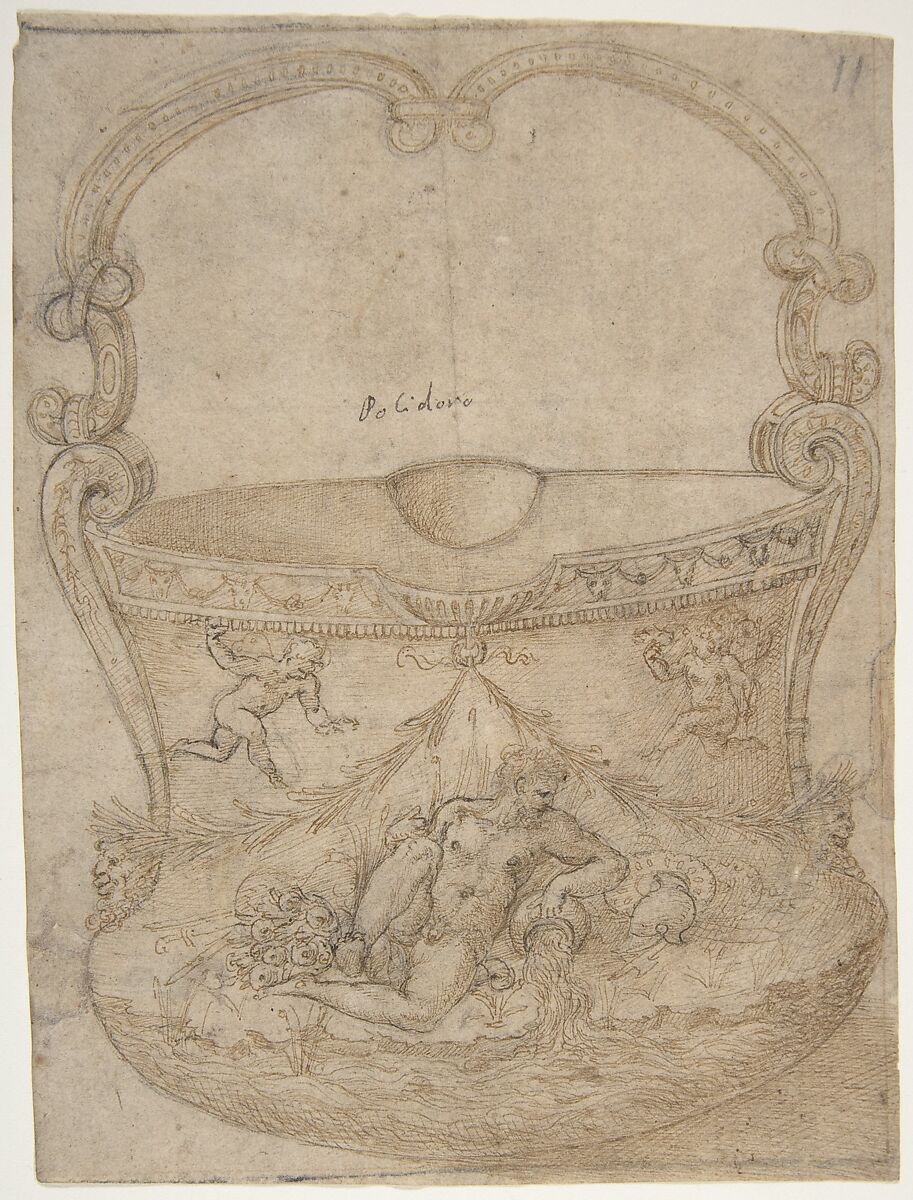 Design for a Bucket-Like Vessel with a Handle of Non-Figural Interlaces, on a Body Adorned with a River God and Two Putti, Girolamo Genga (Italian, Urbino (?) 1467–1551 near Urbino), Pen and brown ink, partly reworked with pen and darker brown ink, over black chalk; traces of framing outlines in pen and brown ink and black chalk 