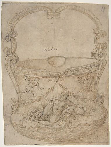 Design for a Bucket-Like Vessel with a Handle of Non-Figural Interlaces, on a Body Adorned with a River God and Two Putti