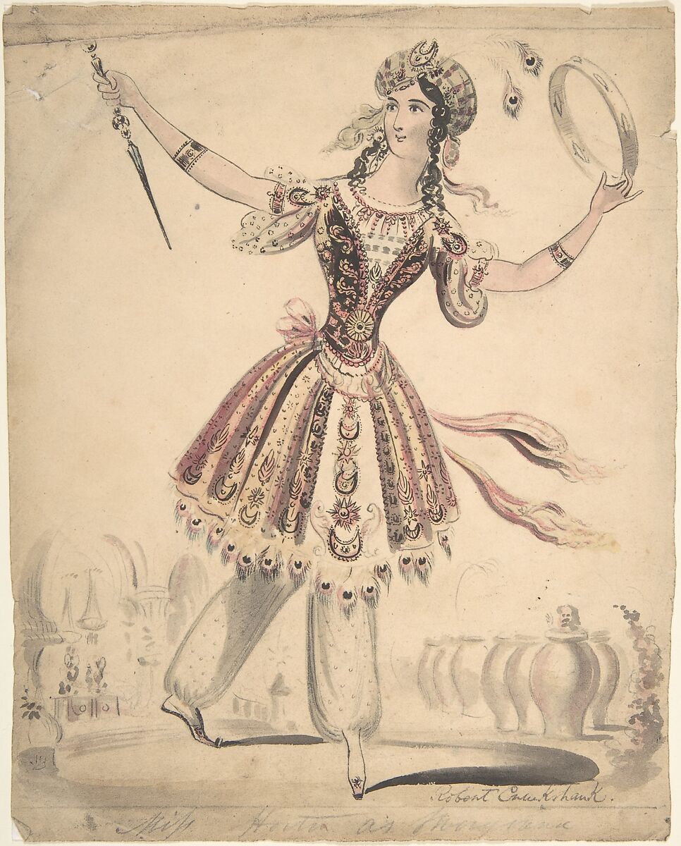 Miss Horton as Morgana, Isaac Robert Cruikshank (British, London 1789–1856 London), Watercolor, pen and black ink, over graphite 