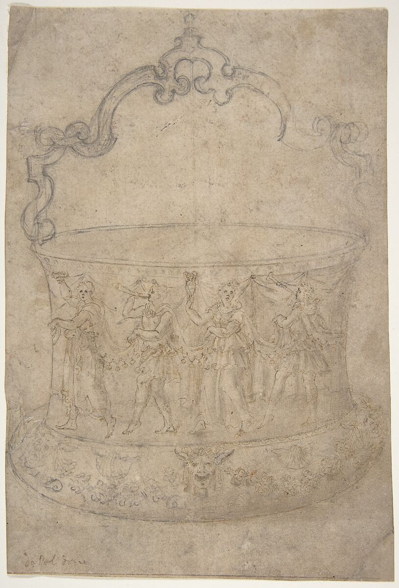 Design for a Bucket-Like Vessel with a Handle of Strapwork, on a Body Adorned with Dancing and Music-Making Antique-Style Figures, Girolamo Genga (Italian, Urbino (?) 1467–1551 near Urbino), Pen and brown ink, brush and gray-brown wash, over black chalk; traces of framing outline in pen and brown ink at bottom 