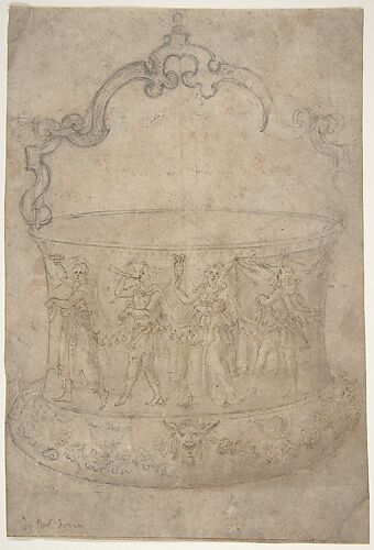 Design for a Bucket-Like Vessel with a Handle of Strapwork, on a Body Adorned with Dancing and Music-Making Antique-Style Figures