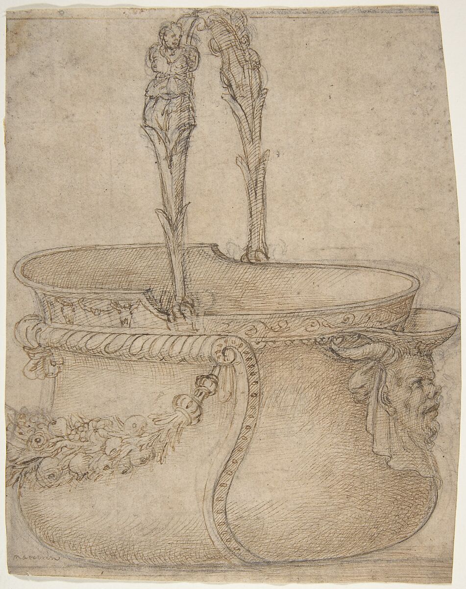Design for a Bucket-Like Vessel with a Handle of Two Interlaced Captives, on a Body Adorned with a Scroll, Garland, and a Spout with a Satyr's Head, Girolamo Genga (Italian, Urbino (?) 1467–1551 near Urbino), Pen and brown ink, over black chalk; traces of framing outlines in pen and brown ink and black chalk 