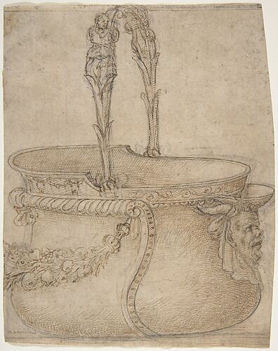 Design for a Bucket-Like Vessel with a Handle of Two Interlaced Captives, on a Body Adorned with a Scroll, Garland, and a Spout with a Satyr's Head
