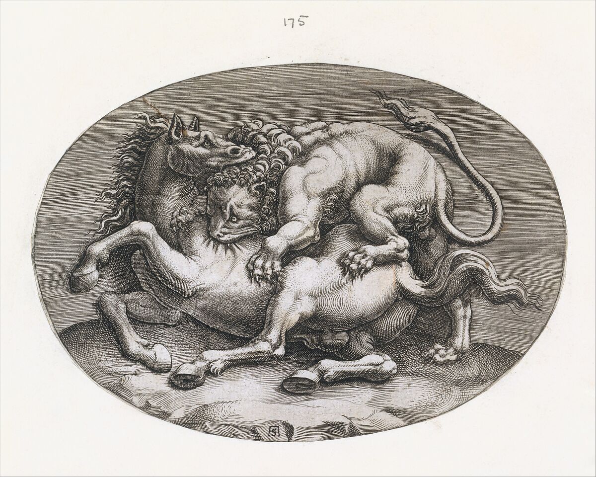 Lion Attacking a Horse, from "Speculum Romanae Magnificentiae", Adamo (Ghisi) Scultori (Italian, Mantua ca. 1530–1587 Rome), Engraving 
