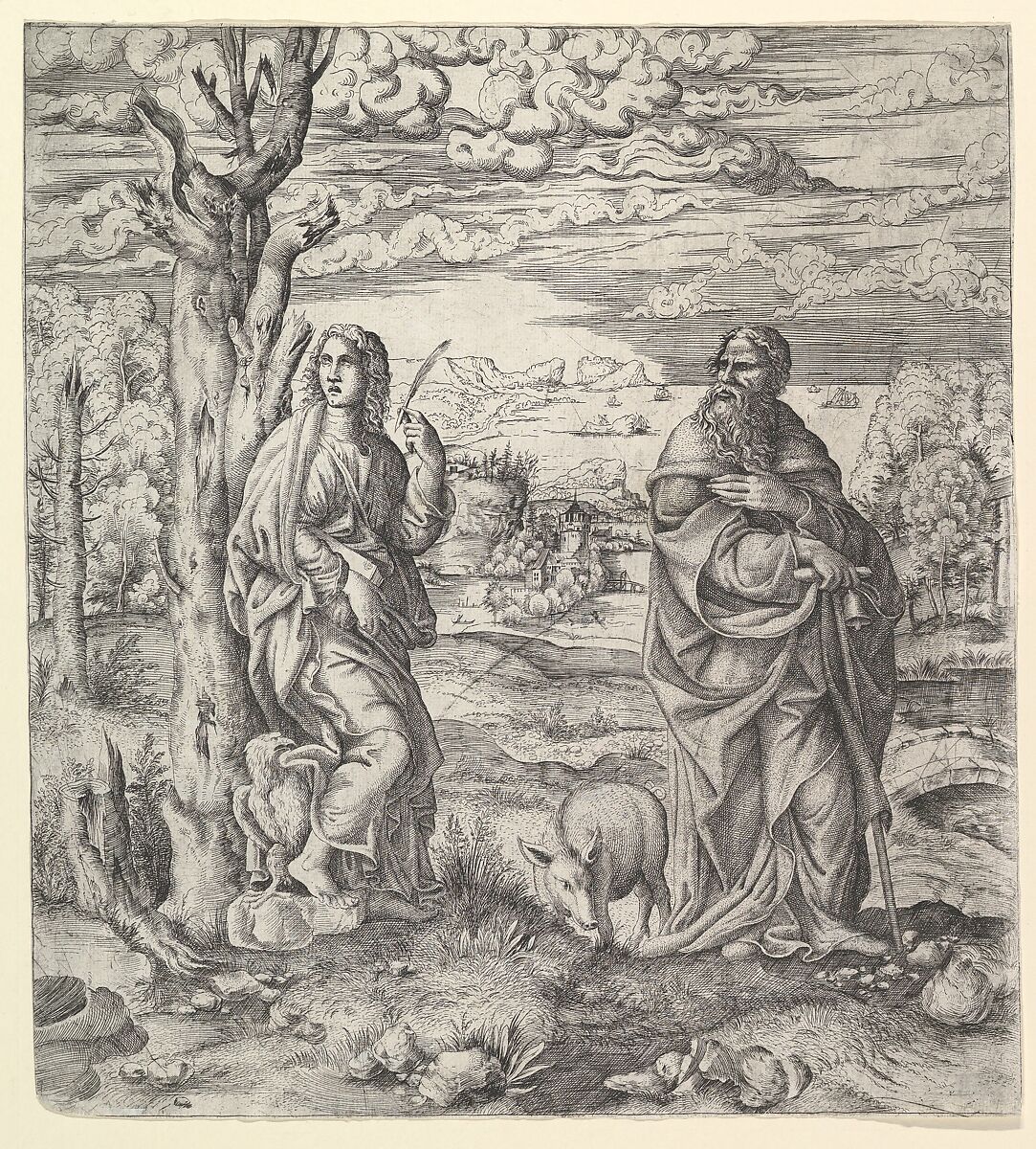 Saint John and Anthony in a Landscape, Master IQV (French, active 1540–50), Etching 