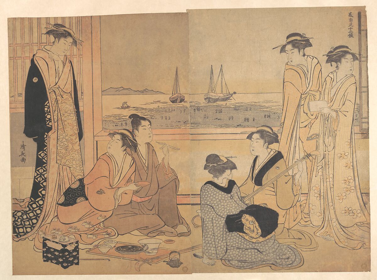 A Party of Merrymakers in a Tea-house at Shinagawa, Torii Kiyonaga (Japanese, 1752–1815), Diptych of woodblock prints; ink and color on paper, Japan 