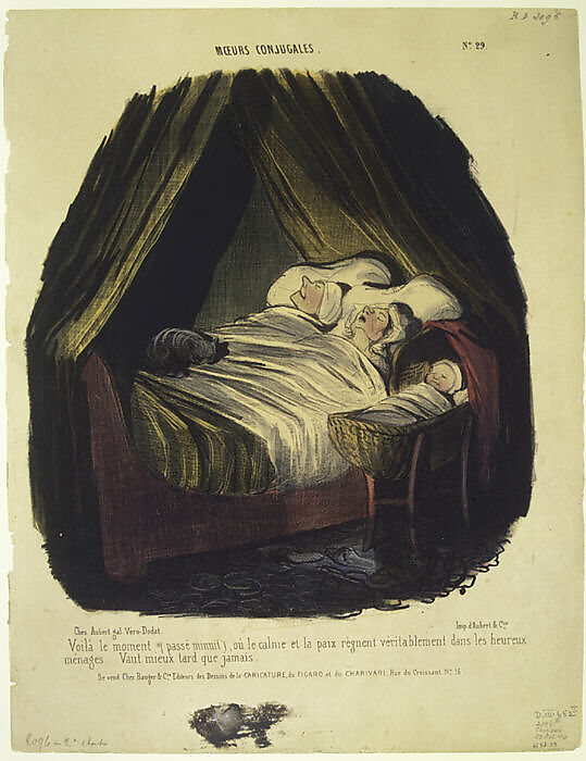 Voilà le moment (passé minuit), ou le calme et la paix régnent véritablement dans les heureux menages (Moeurs Conjugales, No. 29), Honoré Daumier (French, Marseilles 1808–1879 Valmondois), Hand-colored lithograph; second state of four (Delteil) 