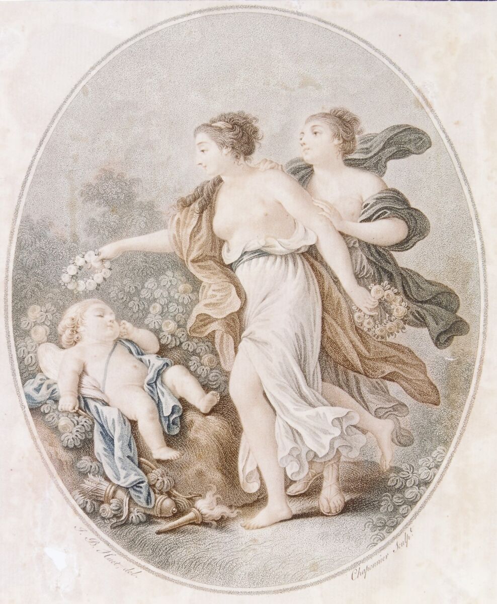 L'Amour couronné par les Graces (Cupid crowned by the Graces), Alexandre Chaponnier (French, 1753–1805), Color stipple engraving, printed in blue, red and brown 