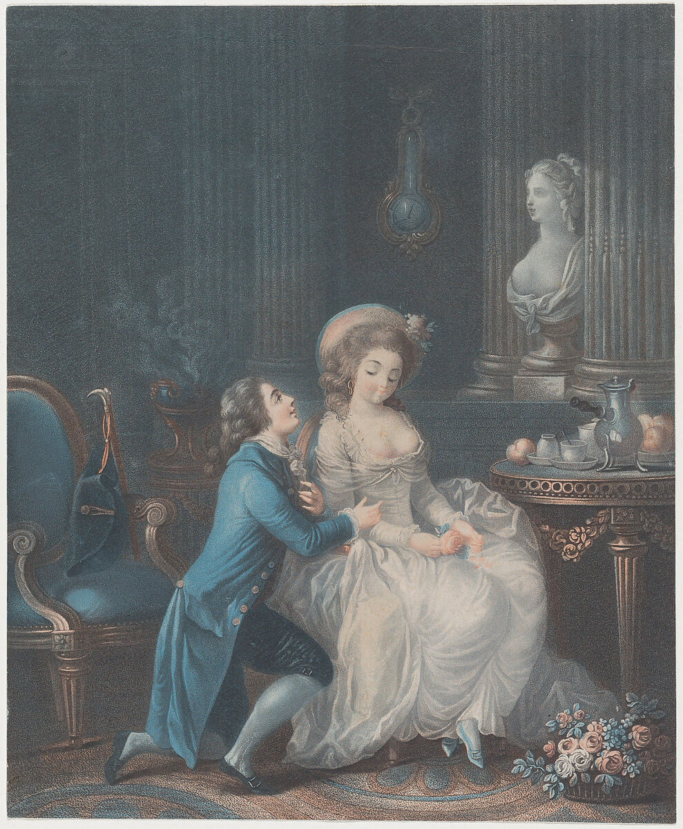 The Lover Heard, Louis Marin Bonnet (French, Paris 1736–1793 Saint-Mandé, Val-de-Marne), Stipple and wash manner, printed in orange-red, blue, yellow, and black inks