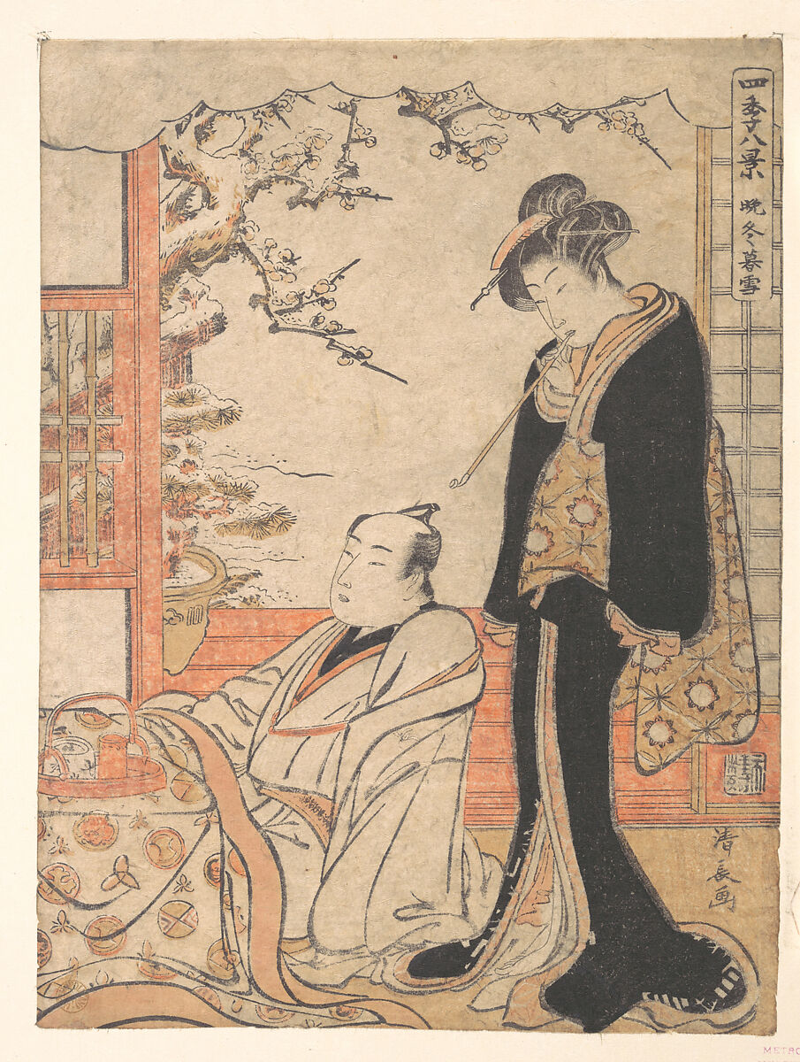 Evening Snow at Banto, Torii Kiyonaga (Japanese, 1752–1815), Woodblock print; ink and color on paper, Japan 