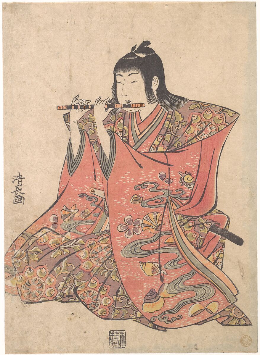 A Doll Representing a Boy Playing a Flute, Torii Kiyonaga (Japanese, 1752–1815), Woodblock print; ink and color on paper, Japan 
