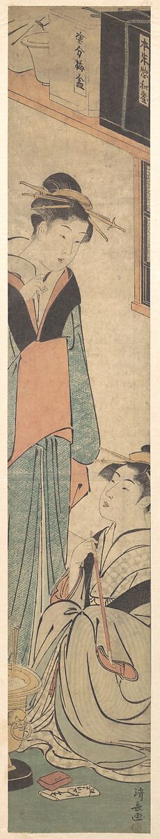 Two Girls Talking Near the Hibachi (Fire-Pot), Torii Kiyonaga (Japanese, 1752–1815), Woodblock print; ink and color on paper, Japan 