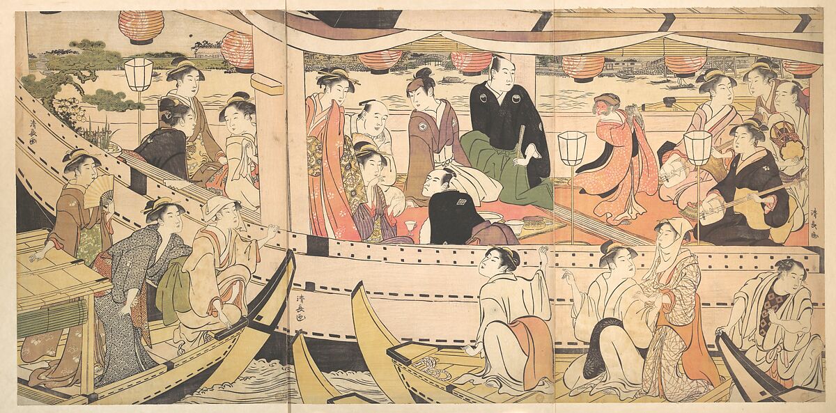 Pleasure Boat on the Sumida River, Torii Kiyonaga (Japanese, 1752–1815), Triptych of woodblock prints; ink and color on paper, Japan 