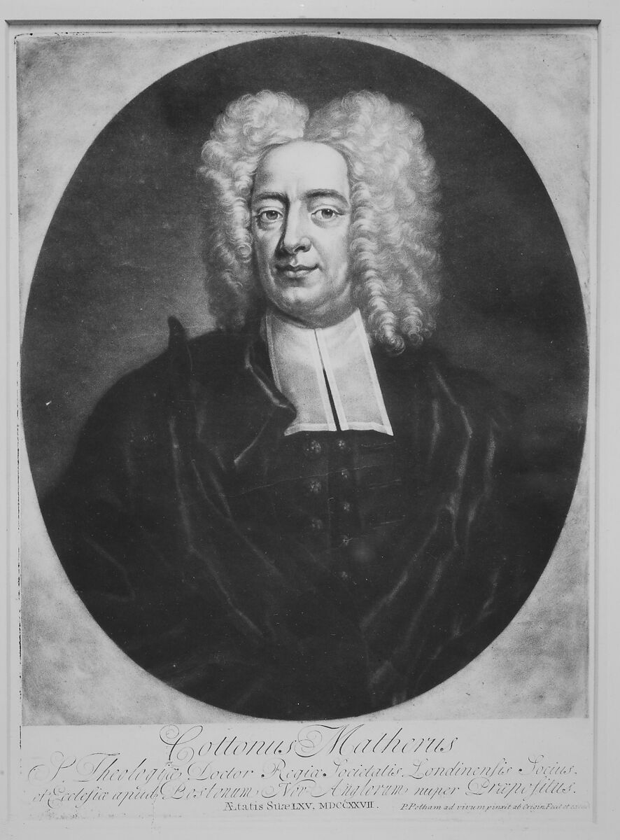 Cottonus Matheris (Cotton Mather), Engraved and published Boston by Peter Pelham (American (born England), London 1697–1751 Boston, Massachusetts), Mezzotint; second (?) state of three (Russell)