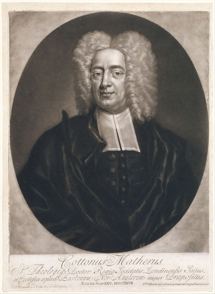 Cottonus Matheris (Cotton Mather), Engraved and published Boston by Peter Pelham (American (born England), London 1697–1751 Boston, Massachusetts), Mezzotint; second (?) state of three (Russell) 