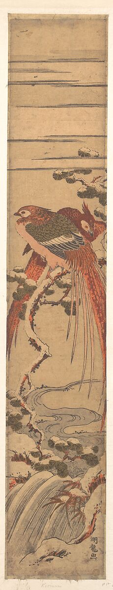 Pheasants in the Snow on a Pine Branch over a Waterfall, Isoda Koryūsai (Japanese, 1735–ca. 1790), Woodblock print; ink and color on paper, Japan 