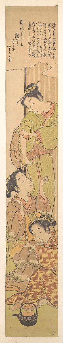Three Girls Drinking Sake, Isoda Koryūsai (Japanese, 1735–ca. 1790), Woodblock print; ink and color on paper, Japan 