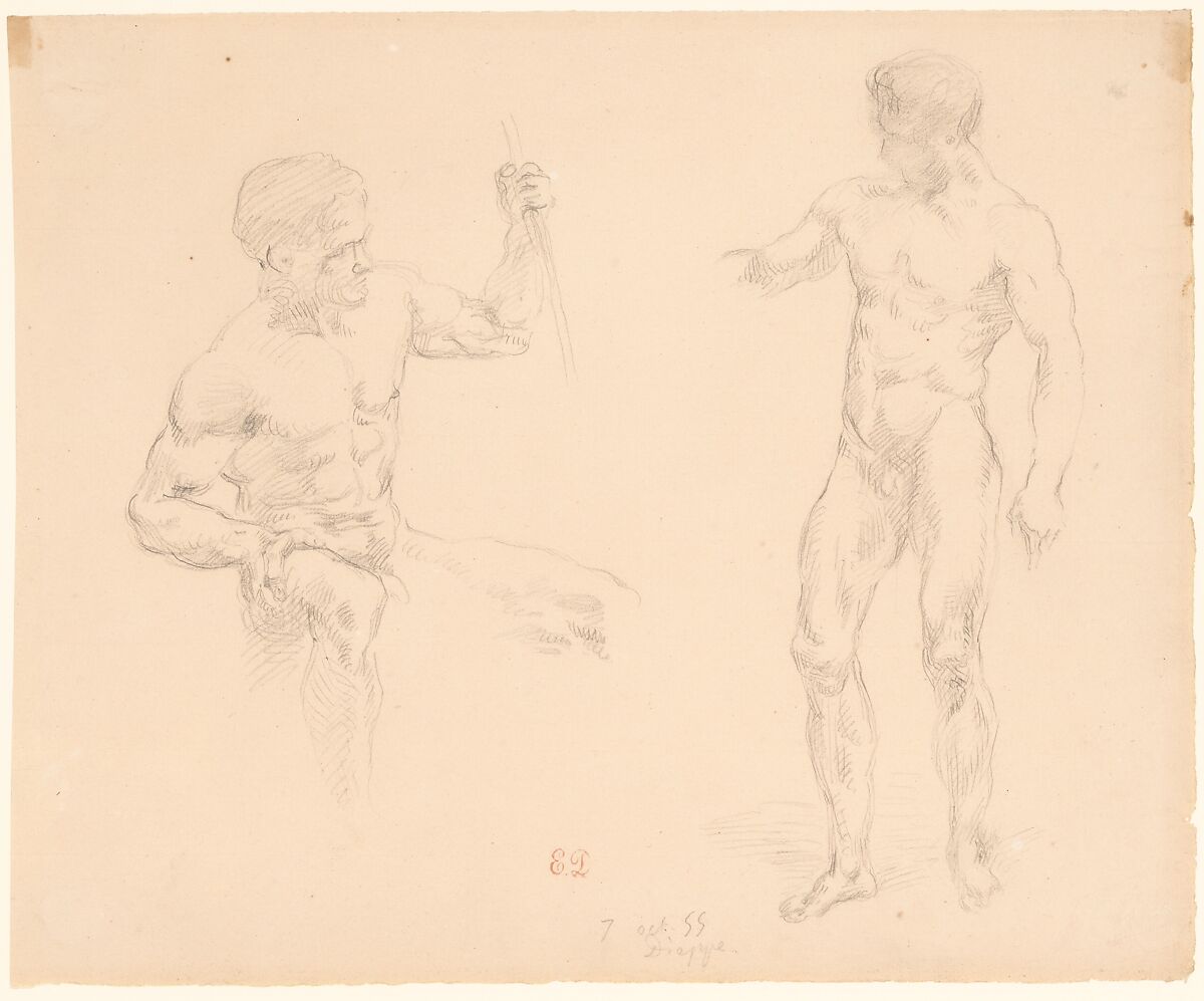 Seated and Standing Male Nudes, after photographs by Eugène Durieu, Eugène Delacroix (French, Charenton-Saint-Maurice 1798–1863 Paris), Graphite