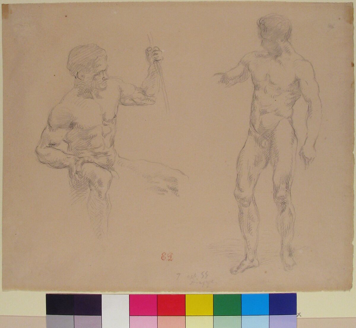Seated and Standing Male Nudes, after photographs by Eugène Durieu, Eugène Delacroix (French, Charenton-Saint-Maurice 1798–1863 Paris), Graphite