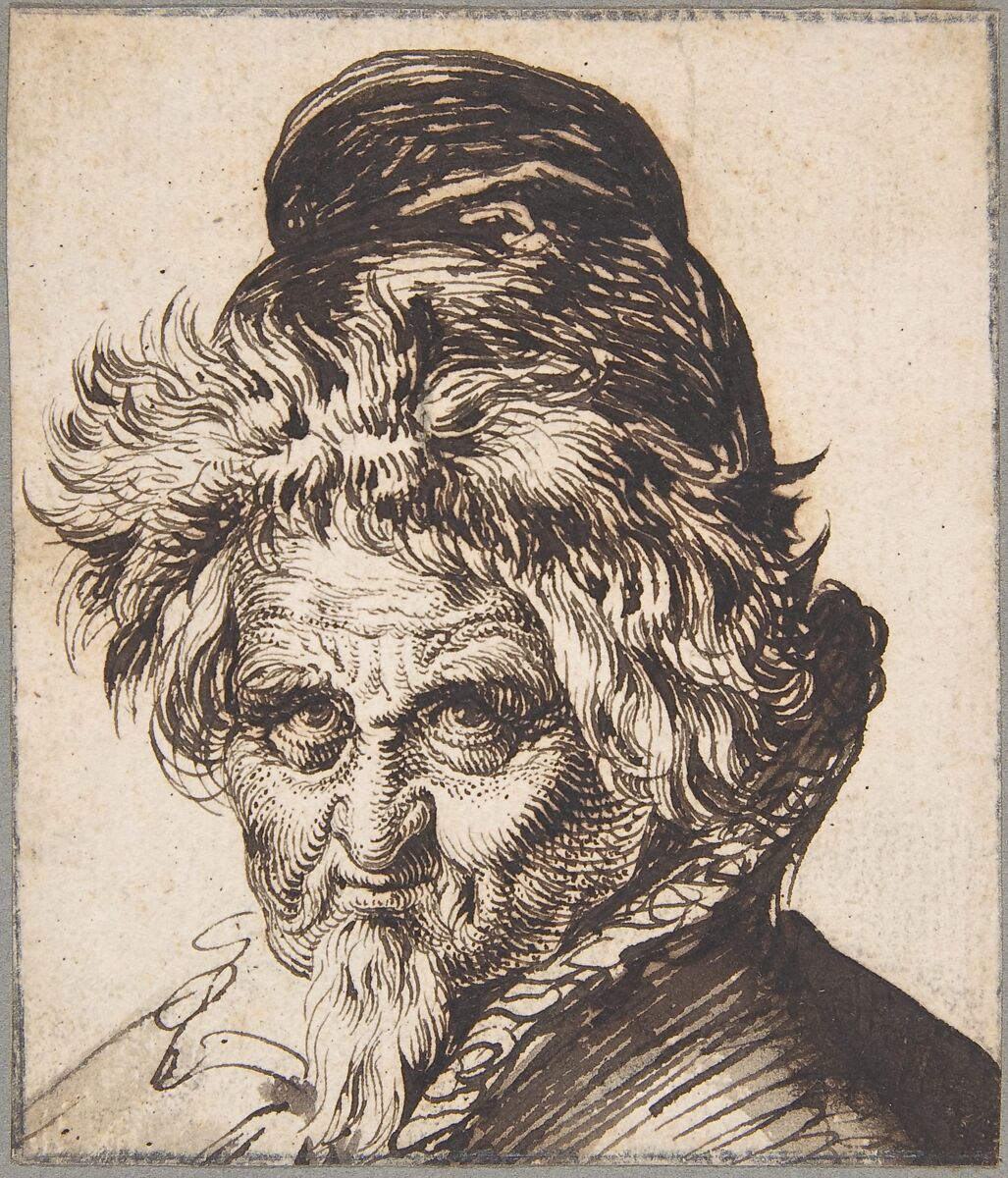 Head of a Bearded Man Wearing a Cap, Jacques de Gheyn II (Netherlandish, Antwerp 1565–1629 The Hague), Pen and brown ink, brush and brown wash; framling lines in graphite 