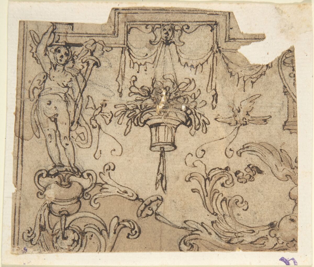 Fragment of a Scheme with Grotesque Decorations; Fragment of an Ornament Design after the antique (verso), Anonymous, Italian?, 16th century, Pen and brown ink, brush with brown wash, over charcoal underdrawing. 