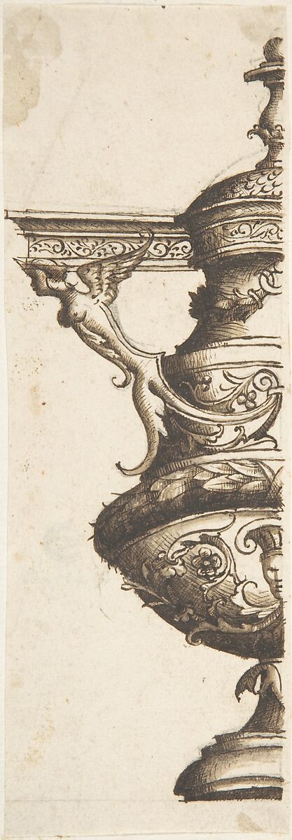 Ornament design after the antique; half-vase with Harpy and Entablature Handle, Anonymous, Italian, 16th century ?, Pen and brown ink, brush and brown wash, over charcoal. 