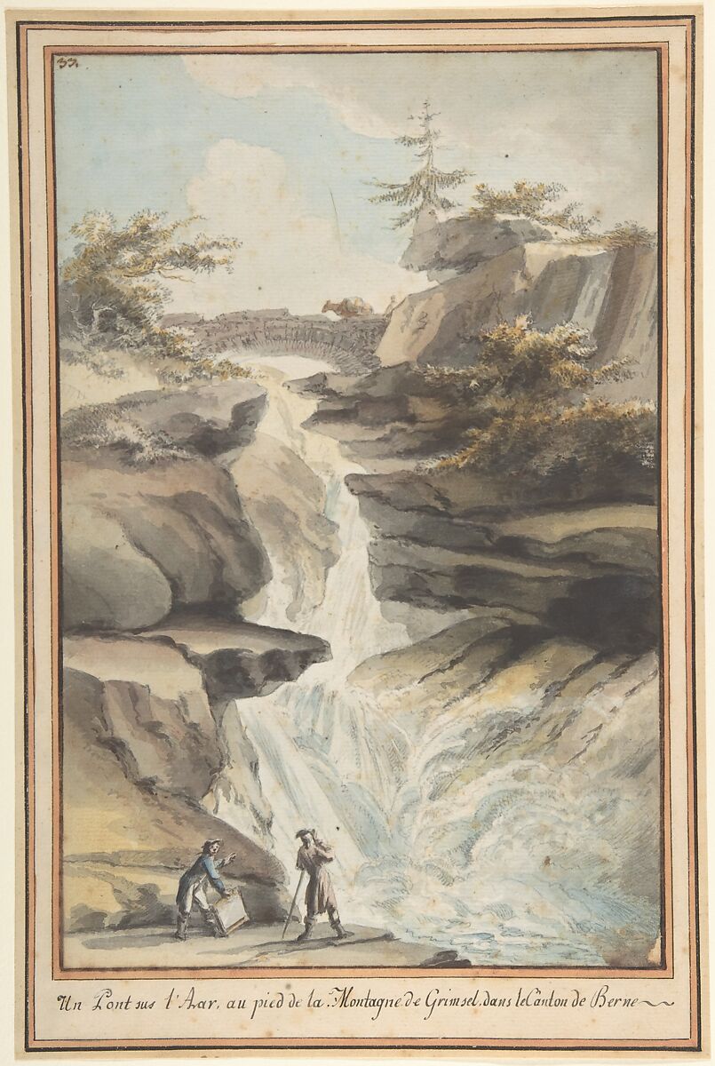 A Bridge on the Aar, at the Foot of the Grimsel, in the Canton of Berne, Caspar Wolf (Swiss, Muri 1735–1783 Heidelberg), Watercolor and pencil; framing lines in black ink 